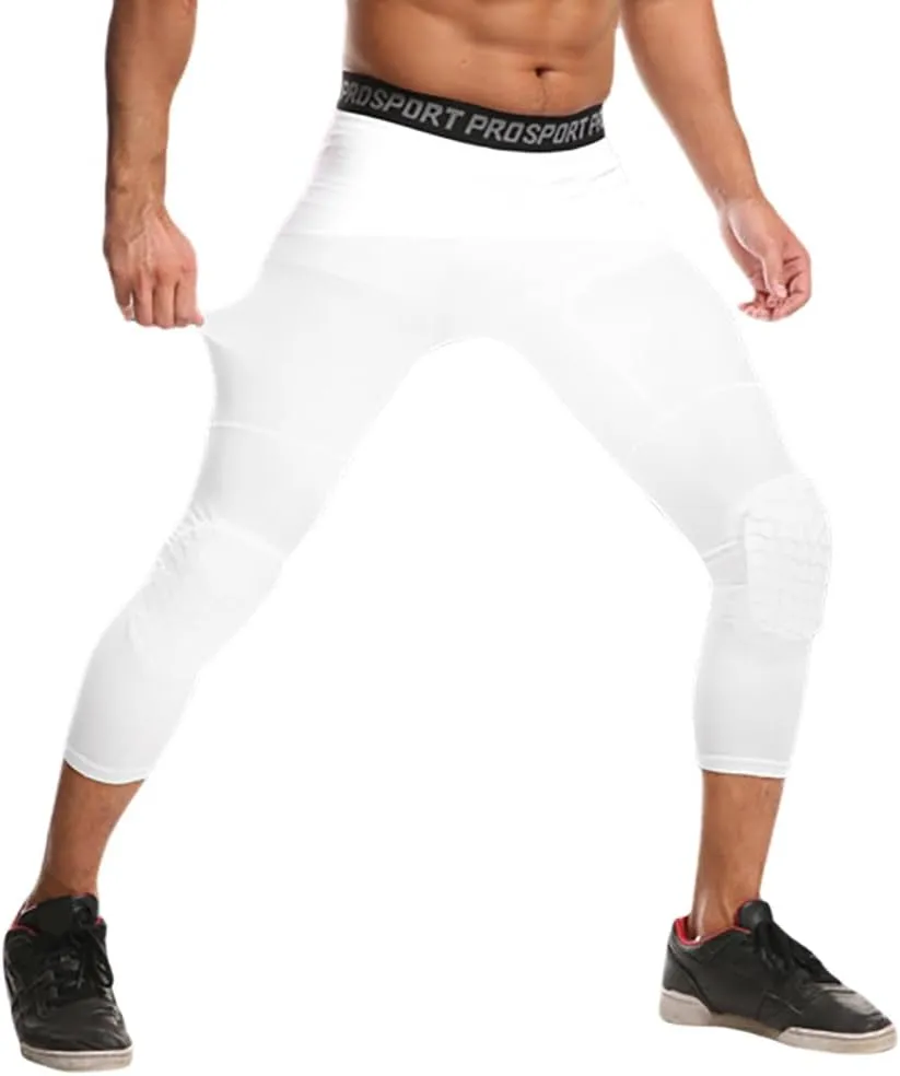 2 Pack Men's Basketball Pants with Knee Pads 3/4 Capri Padded Compression Tights Leggings Sports Athletic Baselayer