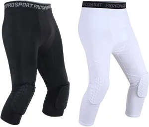 2 Pack Men's Basketball Pants with Knee Pads 3/4 Capri Padded Compression Tights Leggings Sports Athletic Baselayer