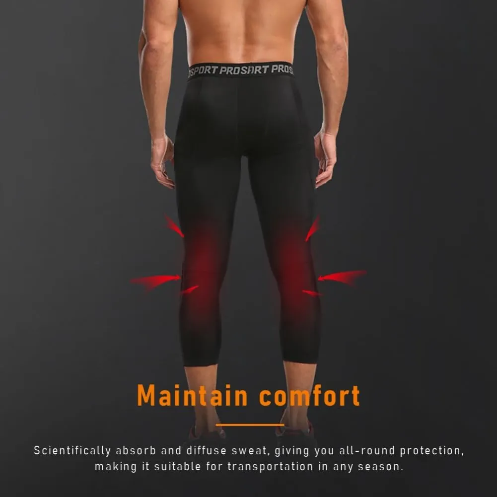 2 Pack Men's Basketball Pants with Knee Pads 3/4 Capri Padded Compression Tights Leggings Sports Athletic Baselayer