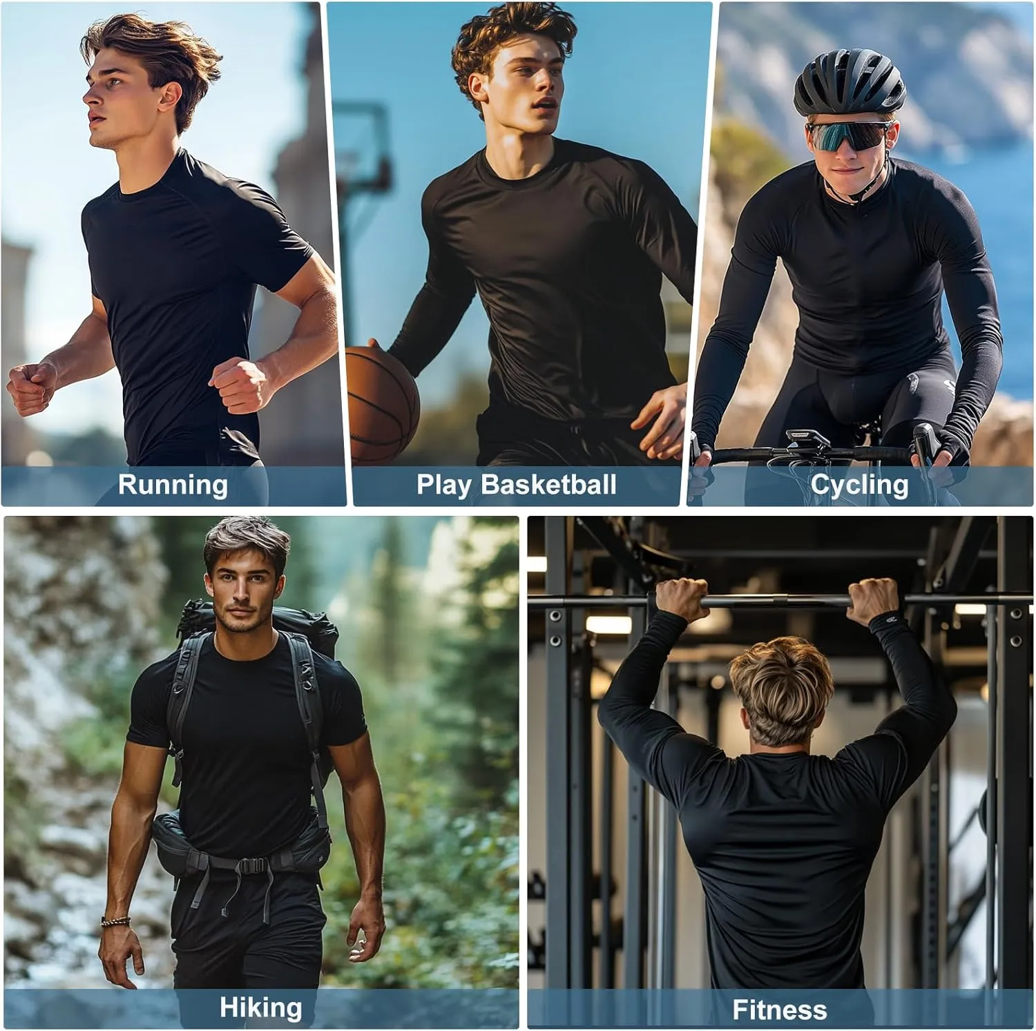 2 Pack Men's Sun Protection Shirts UPF 50  Rash Guard Quick Dry Swim T-Shirt Long/Short Sleeve for Running Fishing