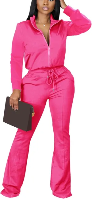 2 Piece Outfits for Women Long Sleeve Zipup Jacket Wide Leg Pants Retro Pure Color Tracksuit Sport Set Wine Red