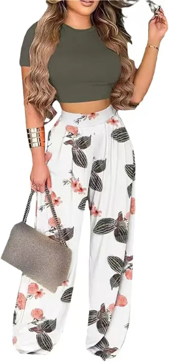 2 Piece Outfits for Women Short Sleeve Crop Top High Waist Wide Leg Long Pant Sets Tracksuit Sport Set