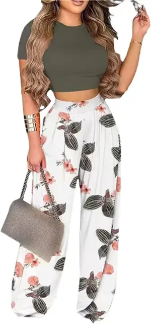 2 Piece Outfits for Women Short Sleeve Crop Top High Waist Wide Leg Long Pant Sets Tracksuit Sport Set