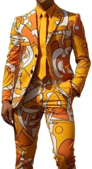 2 Piece Slim Fit Tuxedo Suits for Men Colorful Printed Party Blazer Pants Set