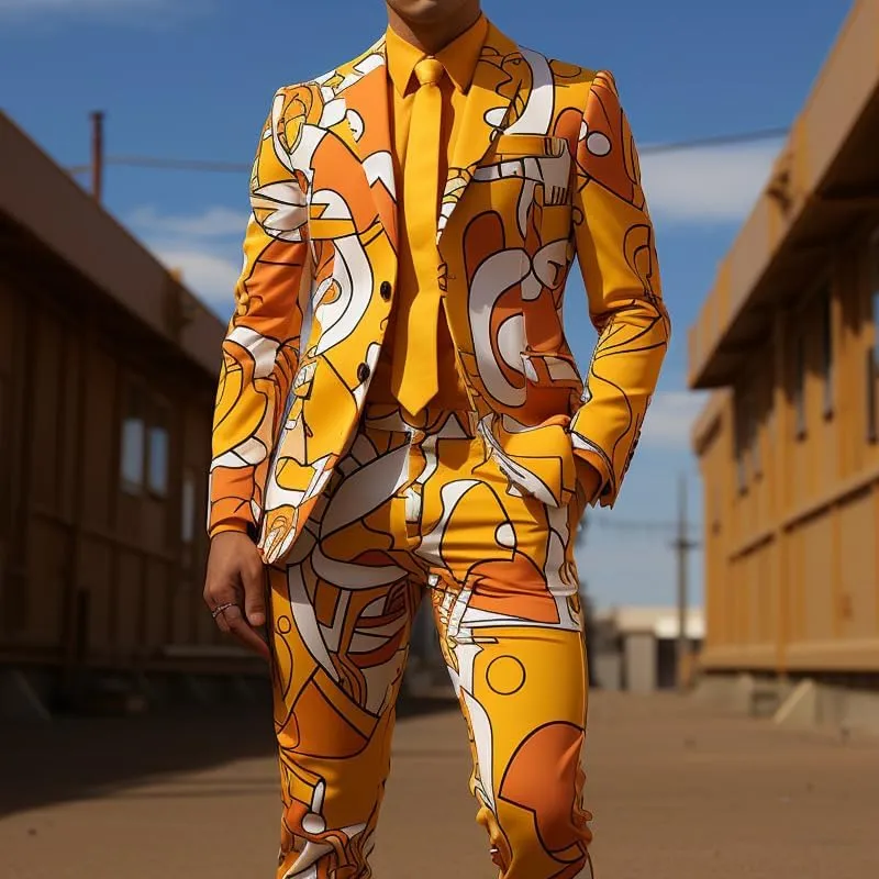 2 Piece Slim Fit Tuxedo Suits for Men Colorful Printed Party Blazer Pants Set