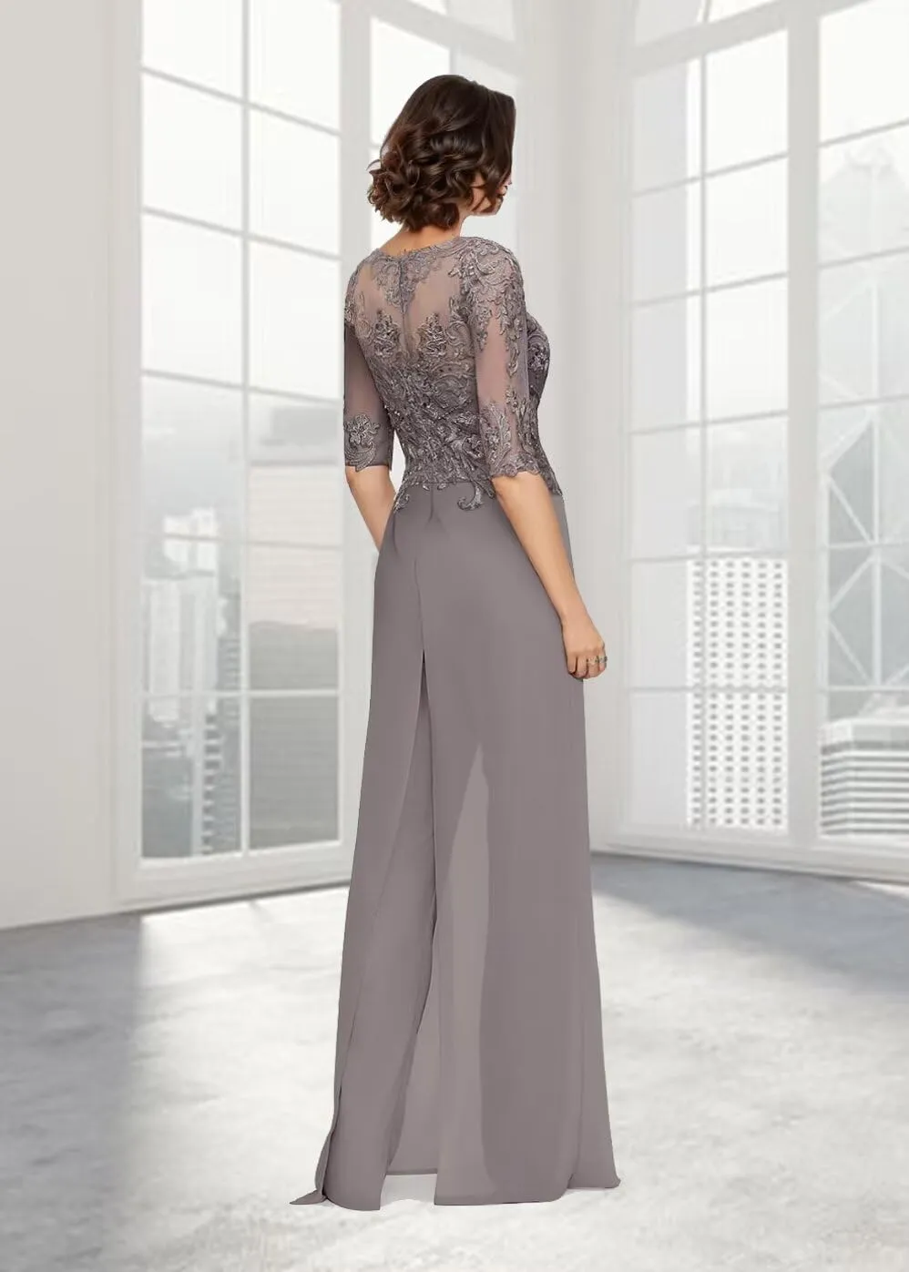 2Pcs Mother of The Bride Jumpsuit Laces Applique Pant Suits Chiffon Wedding Guest Dresses for Women