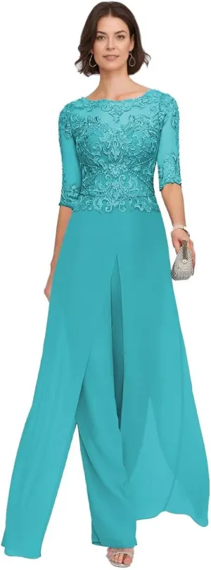 2Pcs Mother of The Bride Jumpsuit Laces Applique Pant Suits Chiffon Wedding Guest Dresses for Women