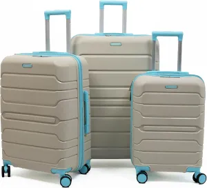 3-Piece Lightweight 100% Polypropylene Hardshell Luggage Set 360 Spinner Wheels, Airline-Approved Carry On, Durable Suitcases Set (Cream With Blue Chewing Gum Accessories)