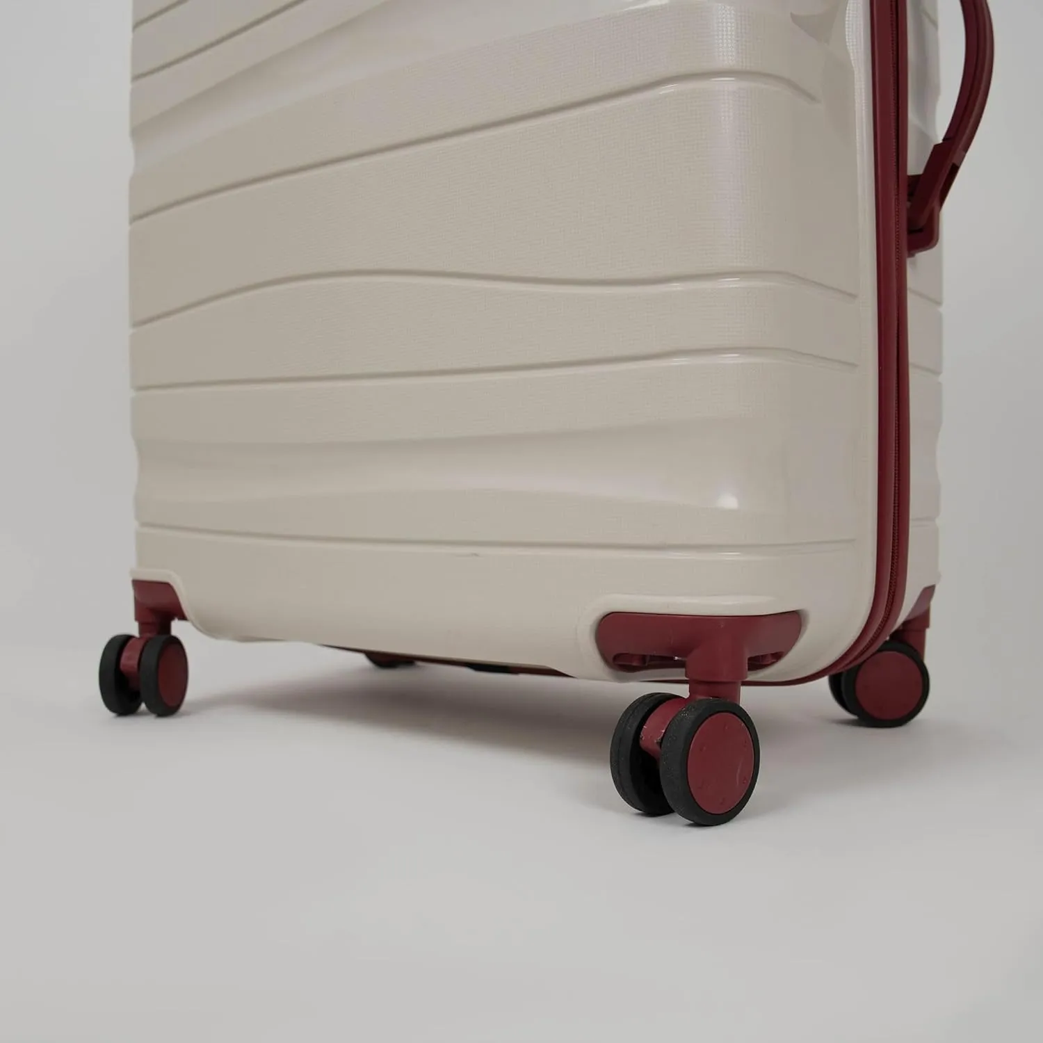 3-Piece Lightweight 100% Polypropylene Hardshell Luggage Set with 360 Removable Spinner Wheels, Airline-Approved Carry On, Durable Travel Suitcases Set (Cream with Bordeaux Accessories)