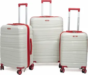 3-Piece Lightweight 100% Polypropylene Hardshell Luggage Set with 360 Removable Spinner Wheels, Airline-Approved Carry On, Durable Travel Suitcases Set (Cream with Red Accessories)