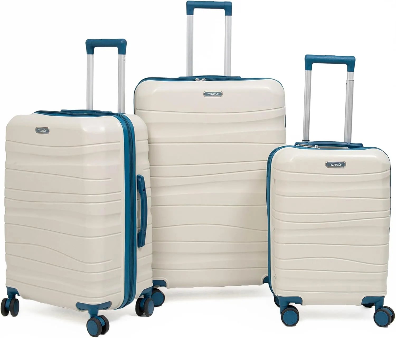 3-Piece Lightweight 100% Polypropylene Hardshell Luggage Set with 360 Removable Spinner Wheels, Airline-Approved Carry On, Durable Travel Suitcases Set (Cream with Turquoise Blue)