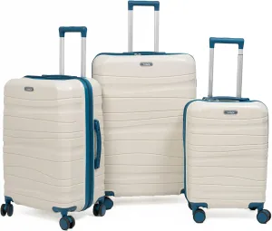 3-Piece Lightweight 100% Polypropylene Hardshell Luggage Set with 360 Removable Spinner Wheels, Airline-Approved Carry On, Durable Travel Suitcases Set (Cream with Turquoise Blue)