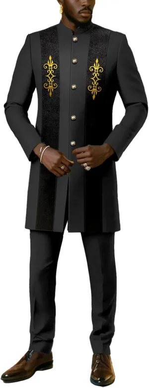 African Suit for Men 2 Piece Set Fashion Velvet Dashiki Jacket and Pants Wedding Outfit Attire Clothing