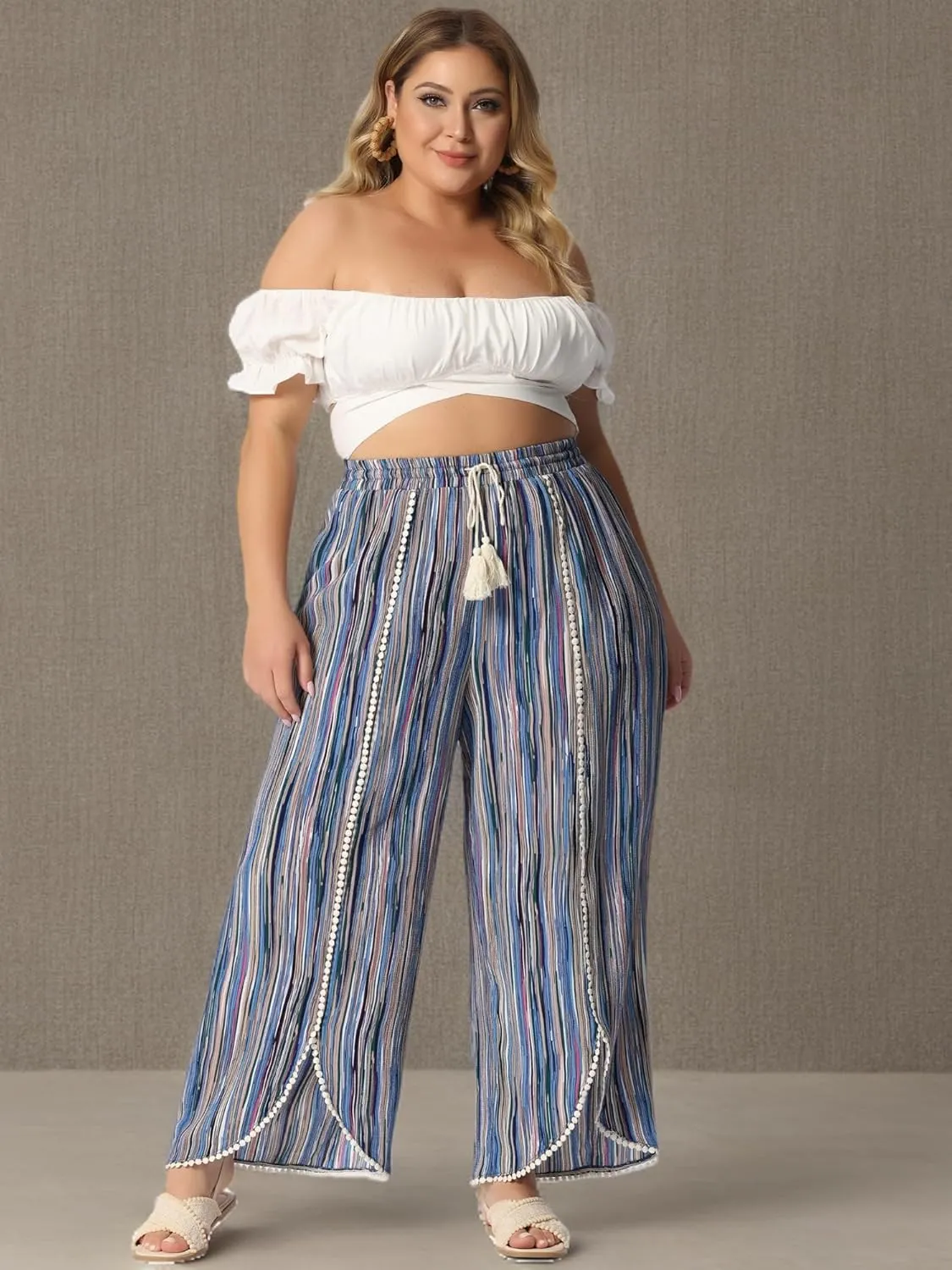 Agnes Orinda Plus Size Pant for Women Split Elastic Waist Flowy Striped Wide Leg Pants