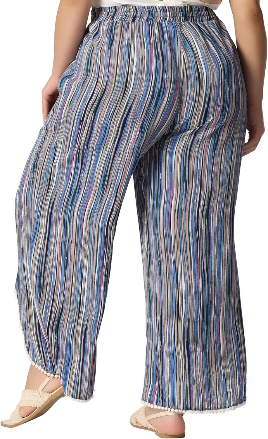Agnes Orinda Plus Size Pant for Women Split Elastic Waist Flowy Striped Wide Leg Pants