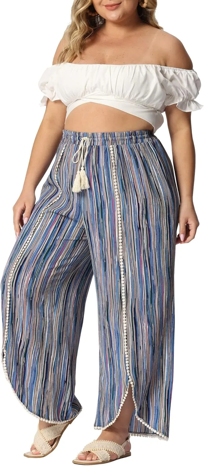 Agnes Orinda Plus Size Pant for Women Split Elastic Waist Flowy Striped Wide Leg Pants