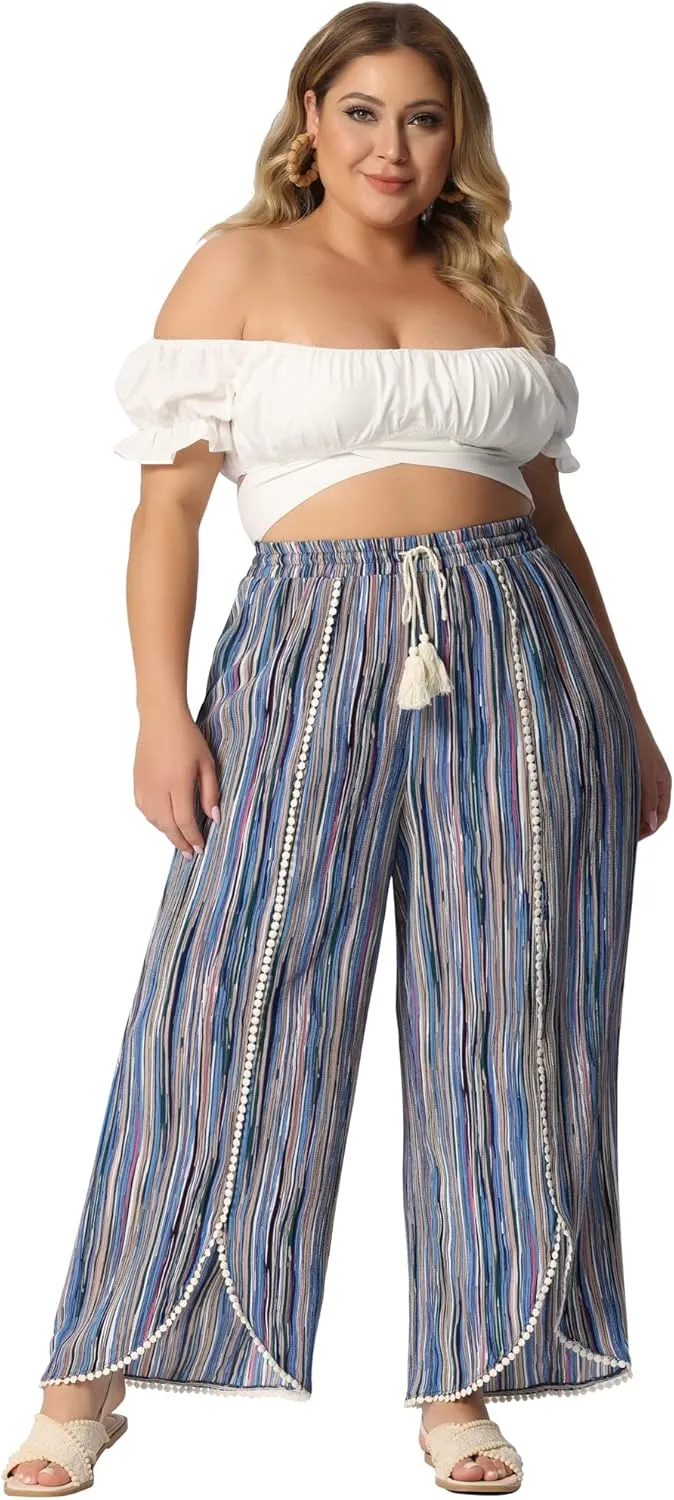 Agnes Orinda Plus Size Pant for Women Split Elastic Waist Flowy Striped Wide Leg Pants