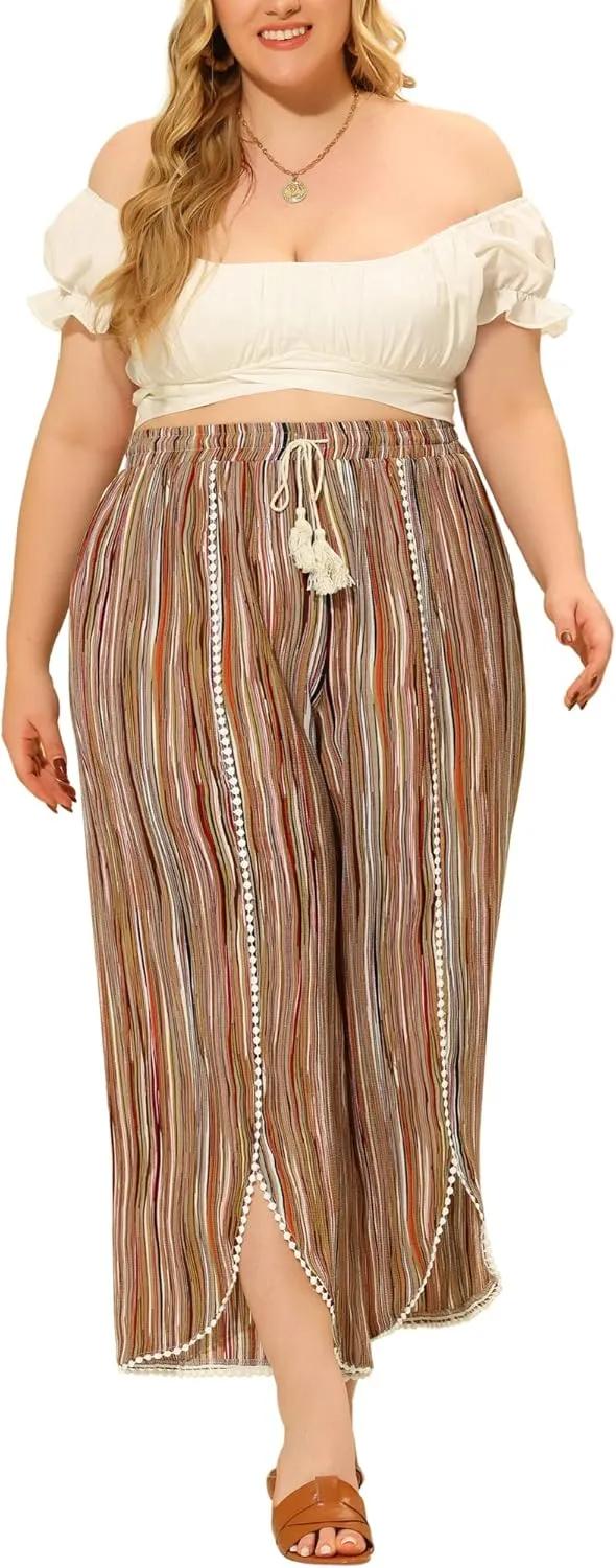 Agnes Orinda Plus Size Pant for Women Split Elastic Waist Flowy Striped Wide Leg Pants