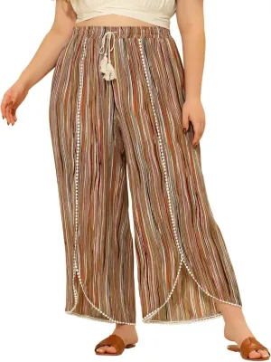 Agnes Orinda Plus Size Pant for Women Split Elastic Waist Flowy Striped Wide Leg Pants