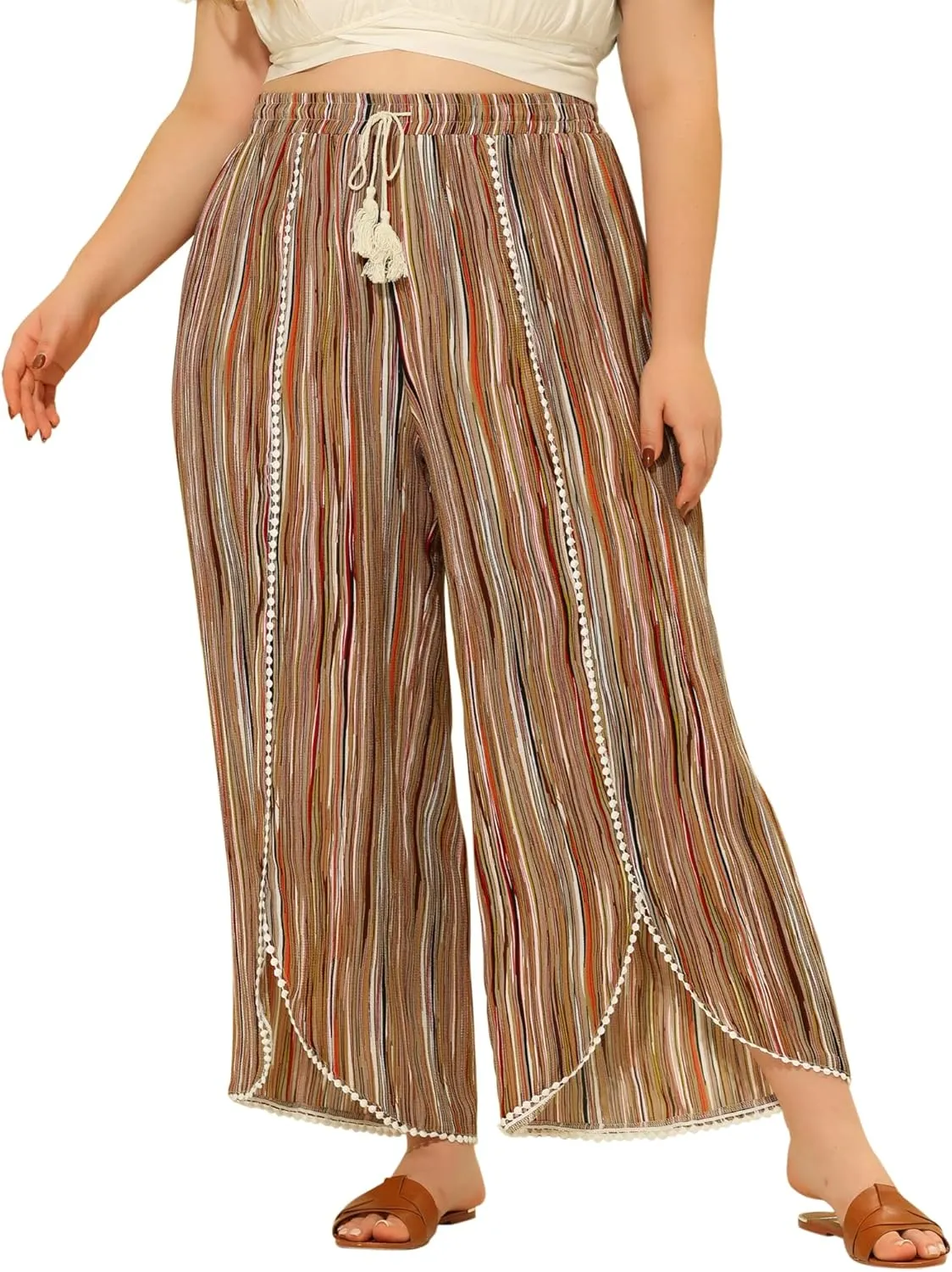 Agnes Orinda Plus Size Pant for Women Split Elastic Waist Flowy Striped Wide Leg Pants
