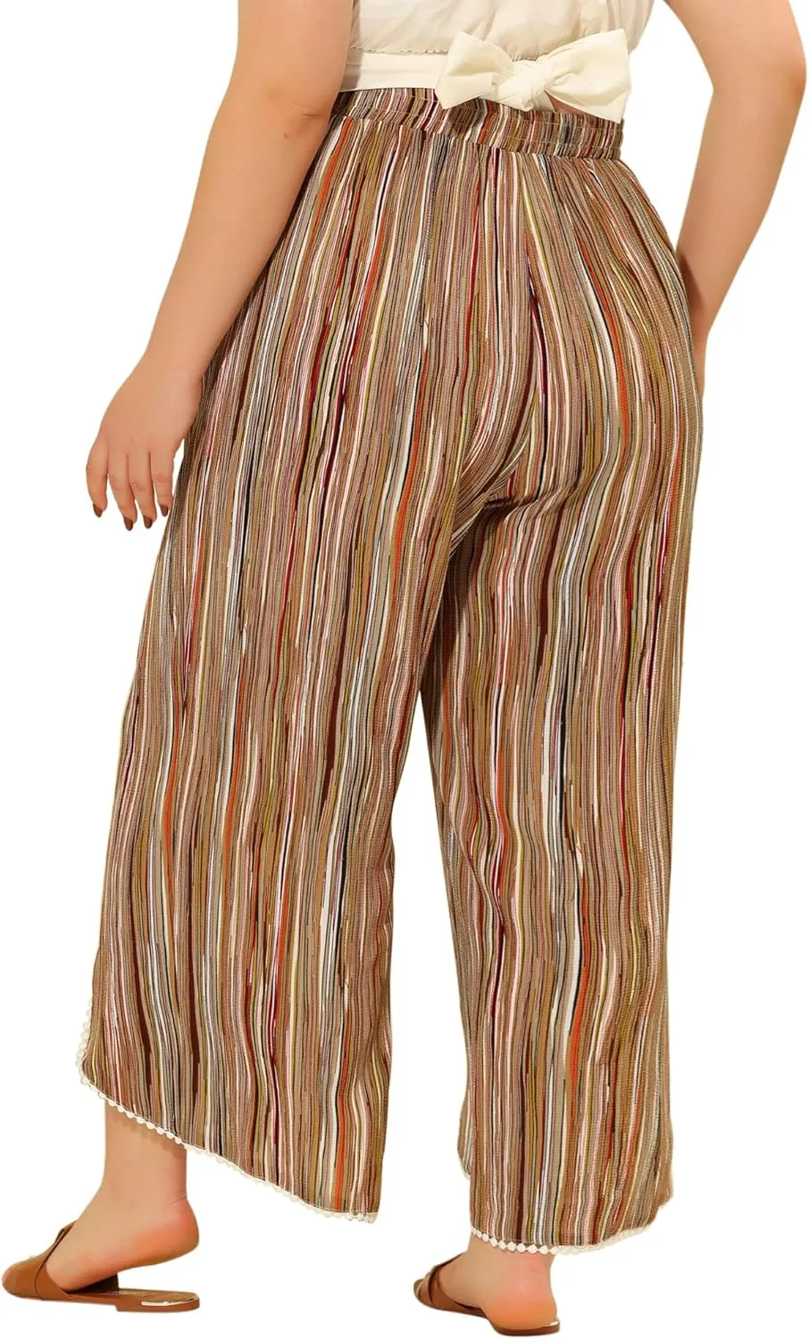 Agnes Orinda Plus Size Pant for Women Split Elastic Waist Flowy Striped Wide Leg Pants