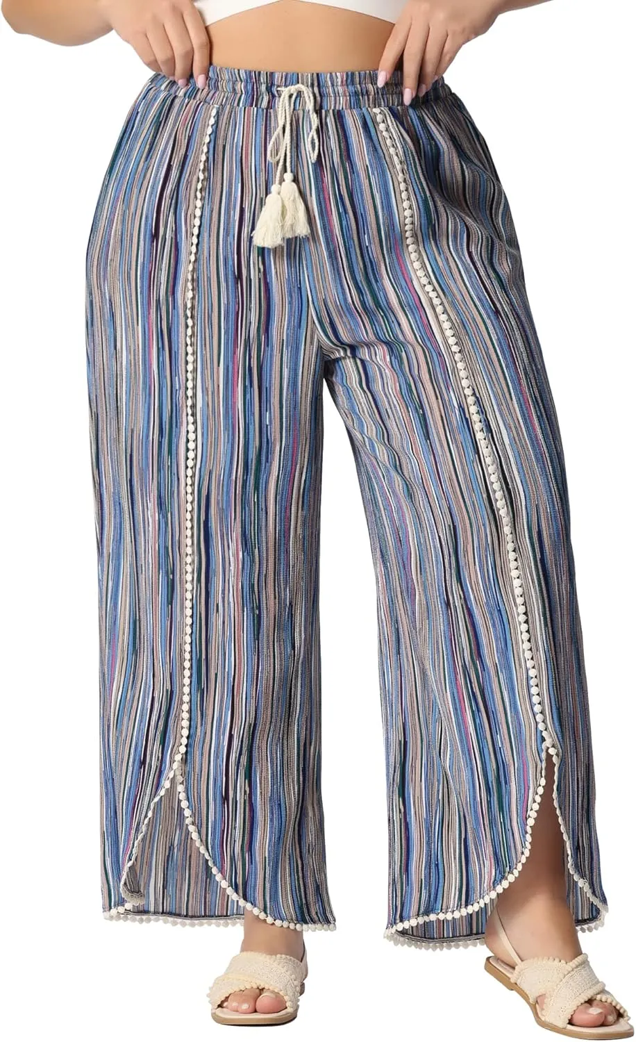 Agnes Orinda Plus Size Pant for Women Split Elastic Waist Flowy Striped Wide Leg Pants