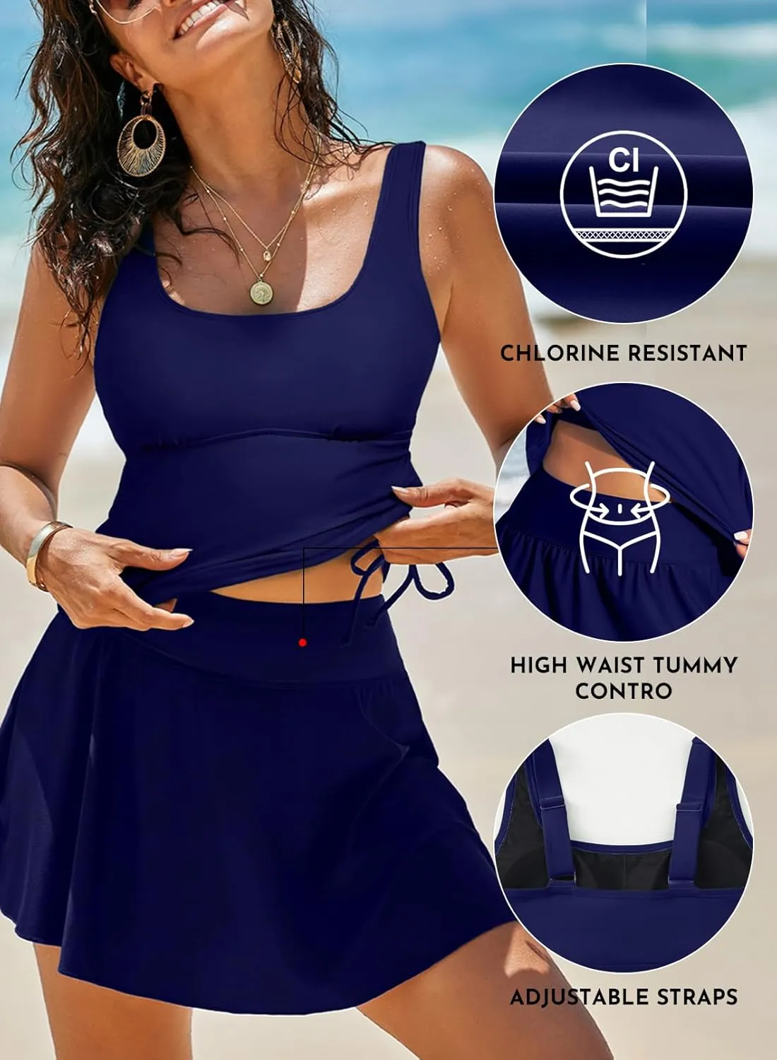 Aleumdr Tankini Swimsuits for Women Swim Dress Two Piece Bathing Suit Square Neck Drawstring Tankini Tops with Skirt