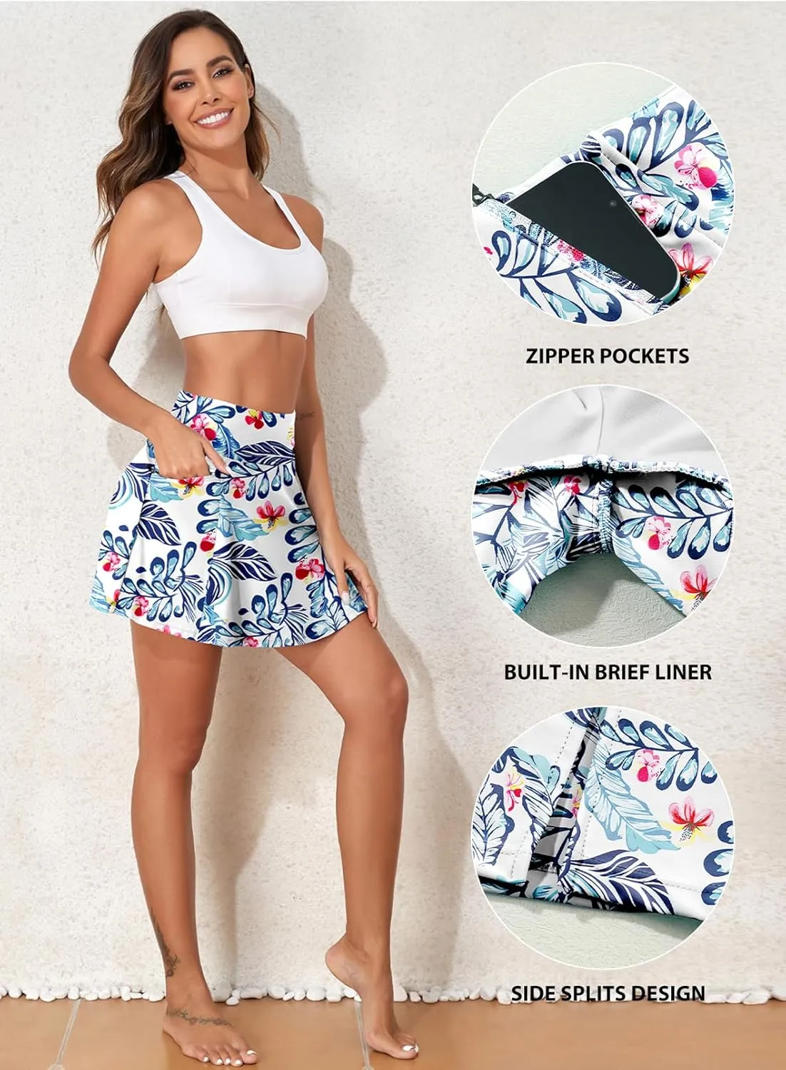 Aleumdr Women's 3" High Waisted Swim Skirt with Zipper Pockets Tummy Control Side Split Bathing Suit Swimsuit Tankini Bottoms