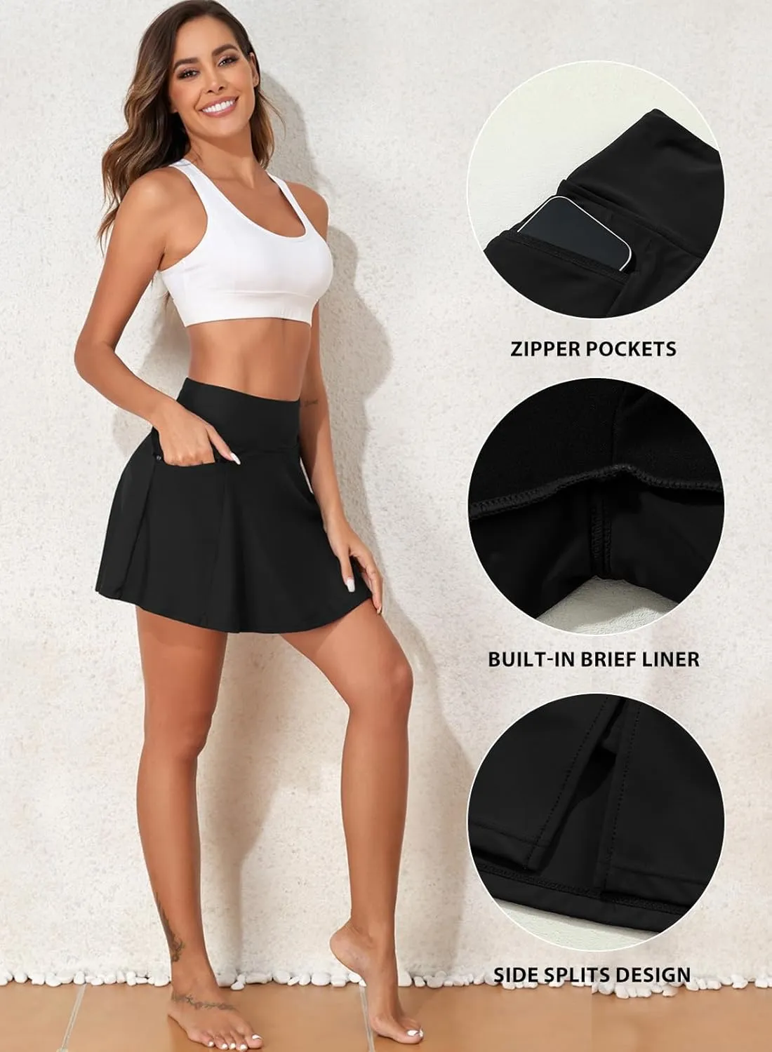 Aleumdr Women's 3" High Waisted Swim Skirt with Zipper Pockets Tummy Control Side Split Bathing Suit Swimsuit Tankini Bottoms