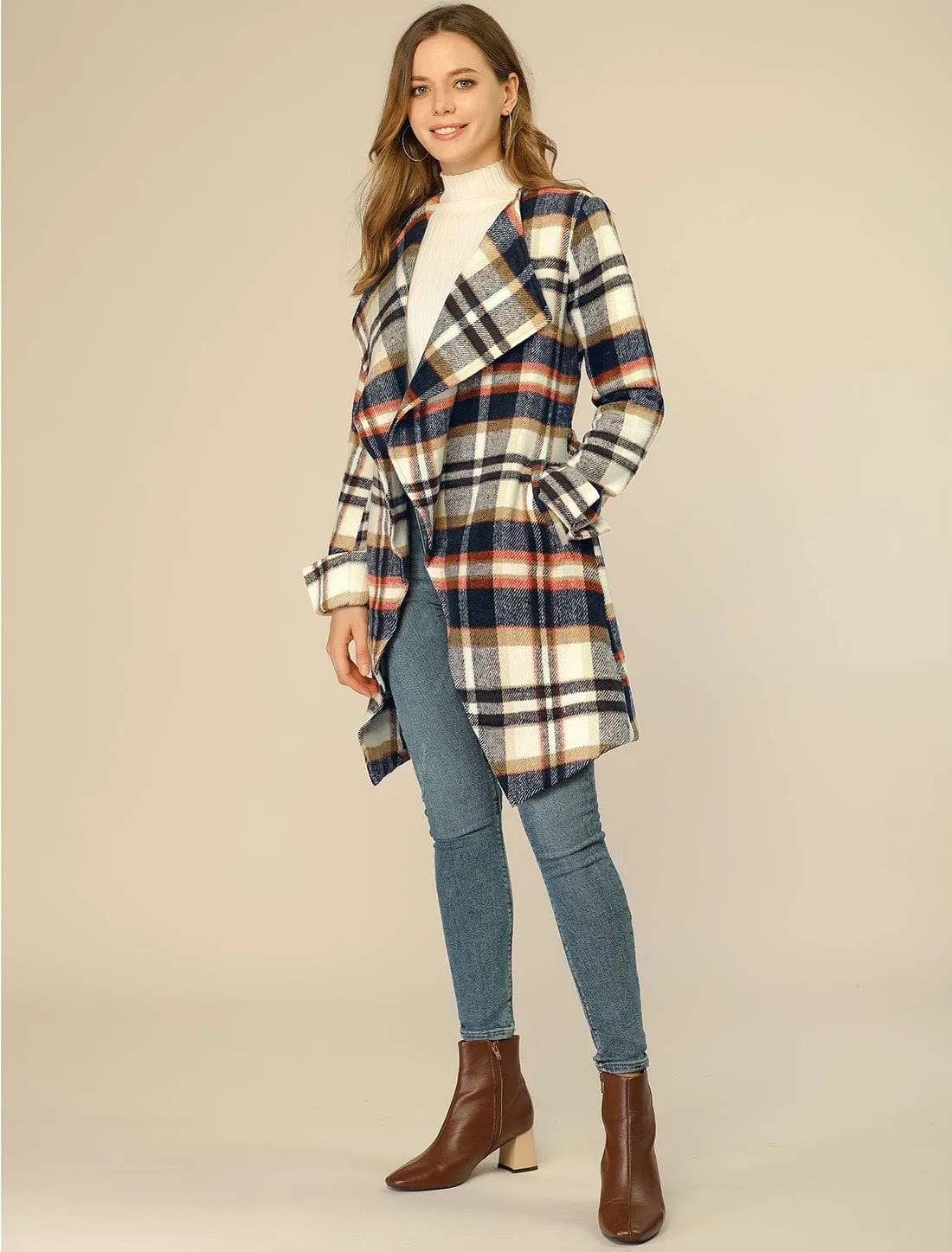 Allegra K Women's Plaid Belted Wrap Overcoat Shawl Collar Asymmetric Hem Fall Winter Coat