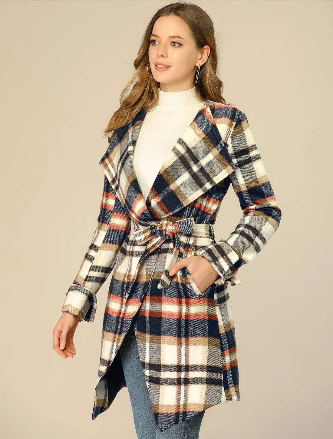Allegra K Women's Plaid Belted Wrap Overcoat Shawl Collar Asymmetric Hem Fall Winter Coat