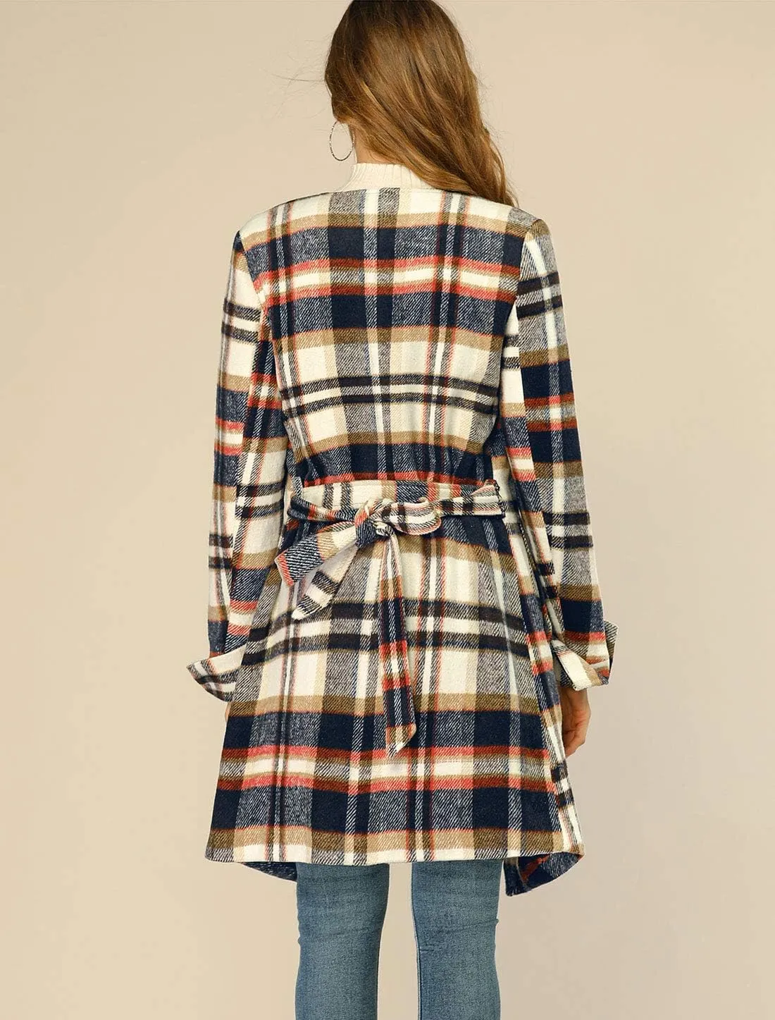 Allegra K Women's Plaid Belted Wrap Overcoat Shawl Collar Asymmetric Hem Fall Winter Coat