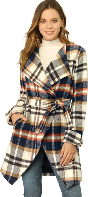 Allegra K Women's Plaid Belted Wrap Overcoat Shawl Collar Asymmetric Hem Fall Winter Coat