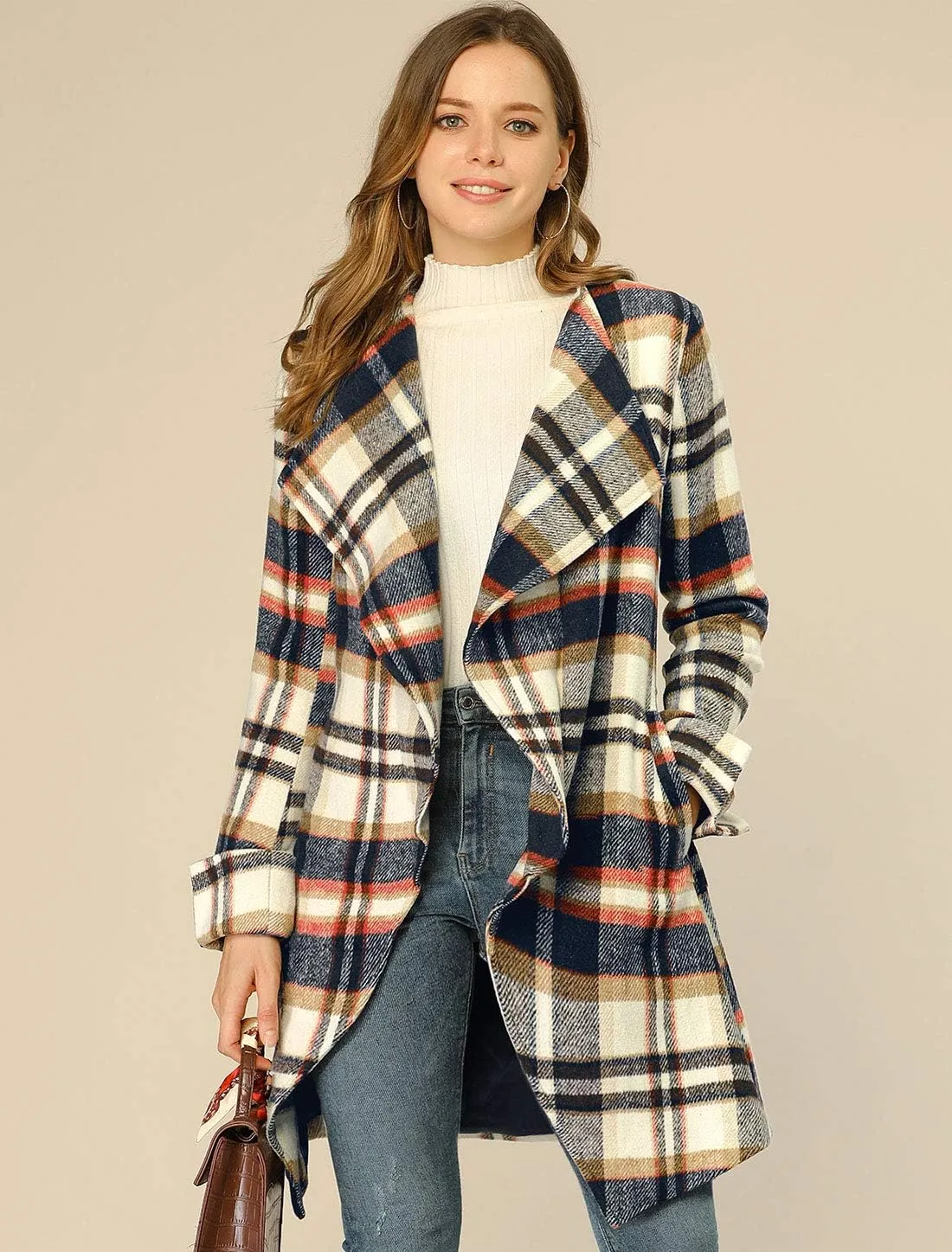 Allegra K Women's Plaid Belted Wrap Overcoat Shawl Collar Asymmetric Hem Fall Winter Coat