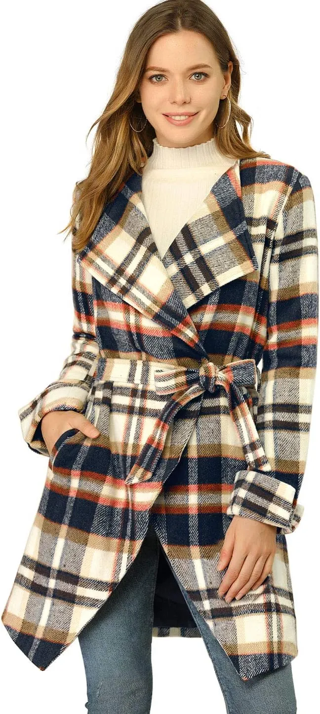 Allegra K Women's Plaid Belted Wrap Overcoat Shawl Collar Asymmetric Hem Fall Winter Coat