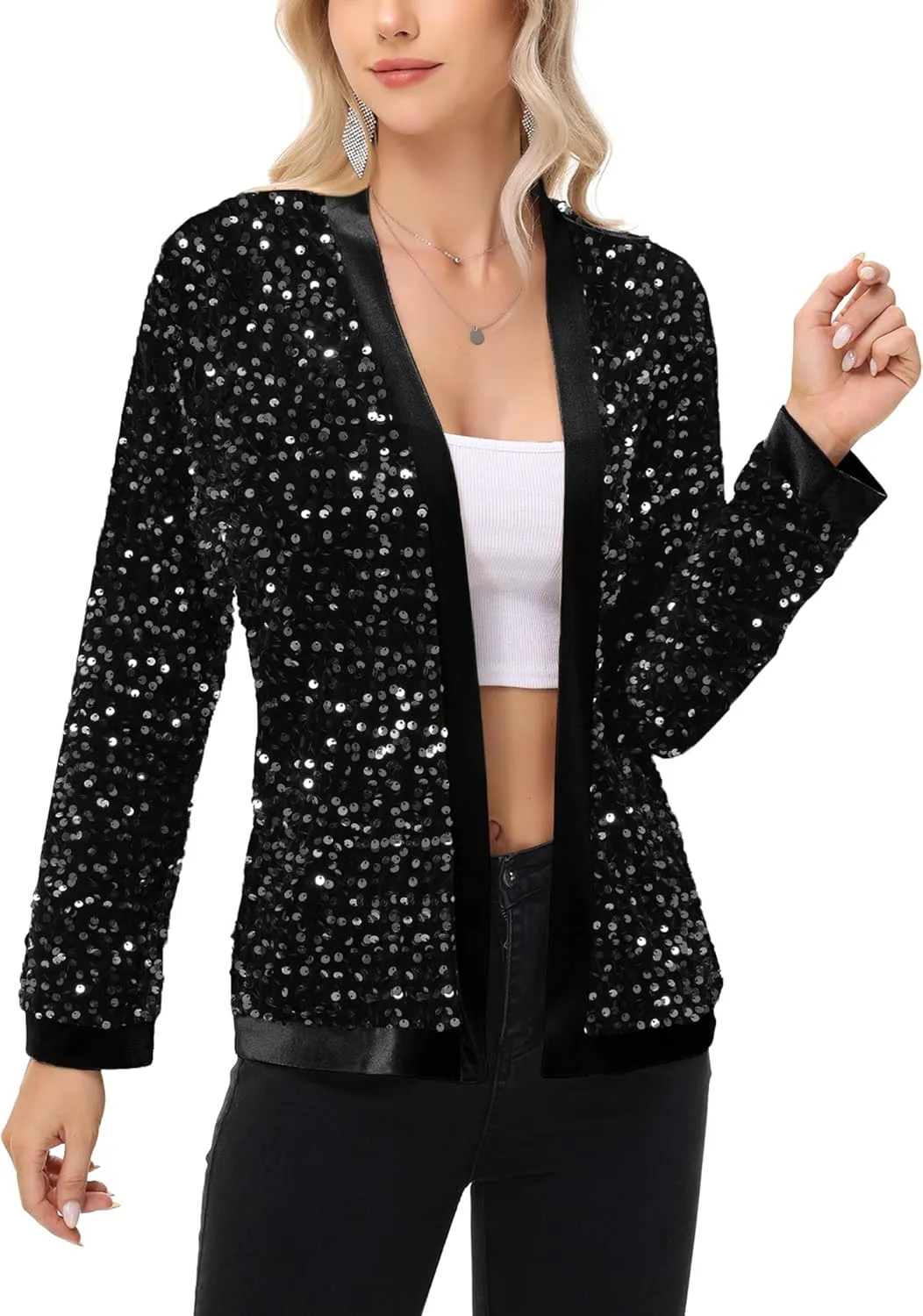 Anna-Kaci Women's Sparkly Sequin Cardigan Long Sleeve Open Front Glitter Party Sequin Blazer Jacket