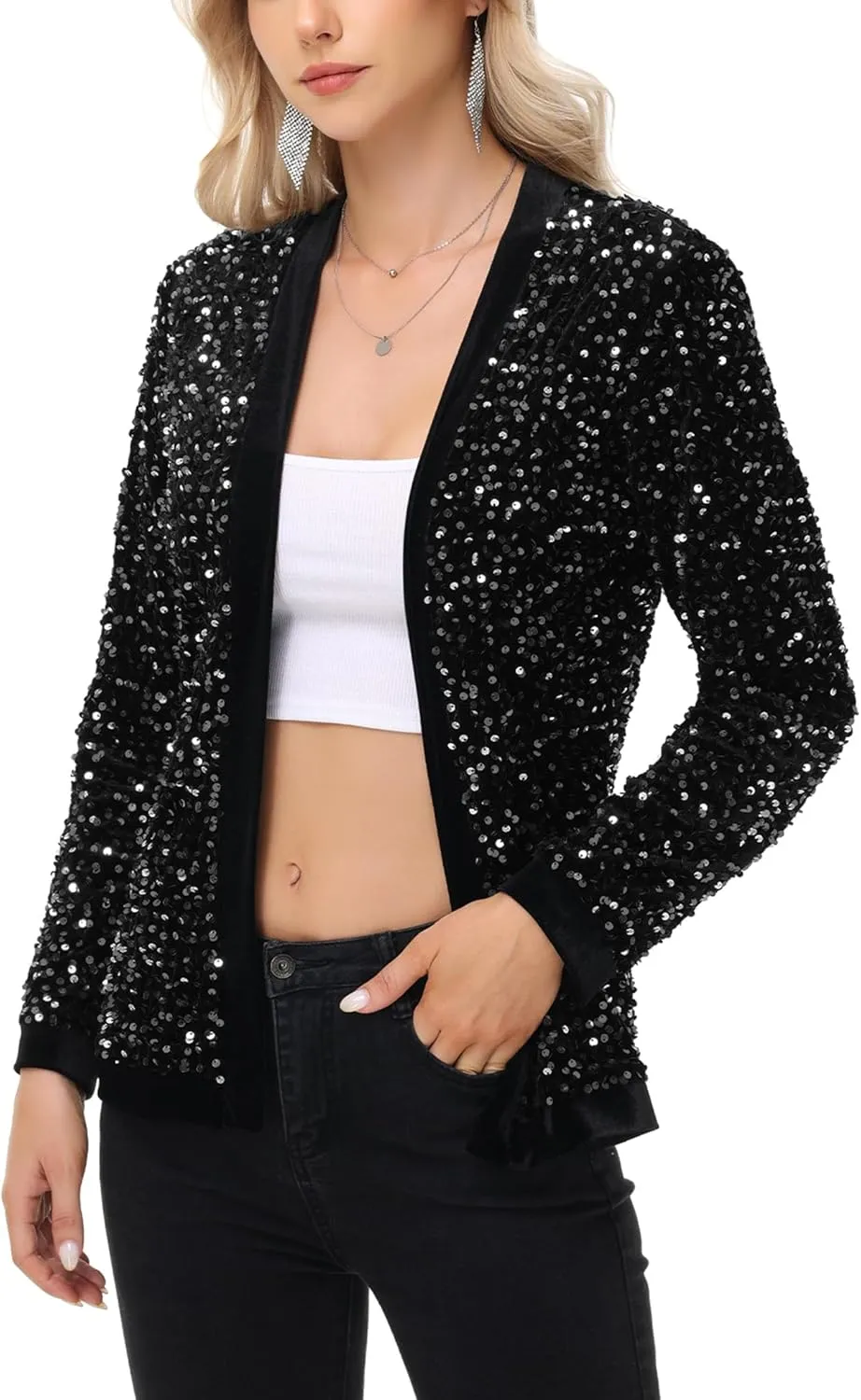 Anna-Kaci Women's Sparkly Sequin Cardigan Long Sleeve Open Front Glitter Party Sequin Blazer Jacket