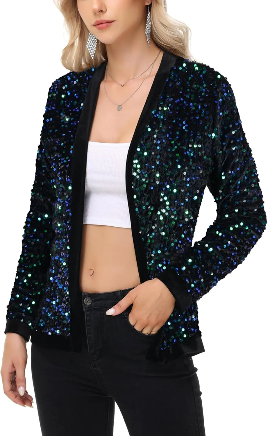 Anna-Kaci Women's Sparkly Sequin Cardigan Long Sleeve Open Front Glitter Party Sequin Blazer Jacket