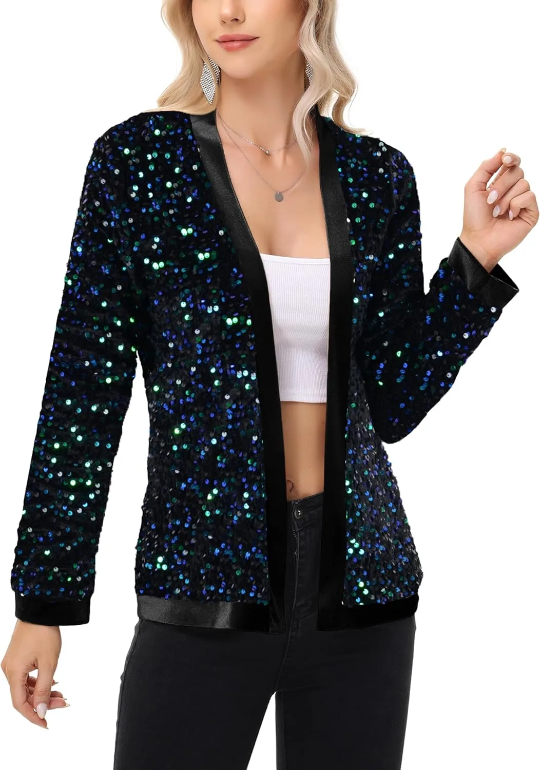 Anna-Kaci Women's Sparkly Sequin Cardigan Long Sleeve Open Front Glitter Party Sequin Blazer Jacket