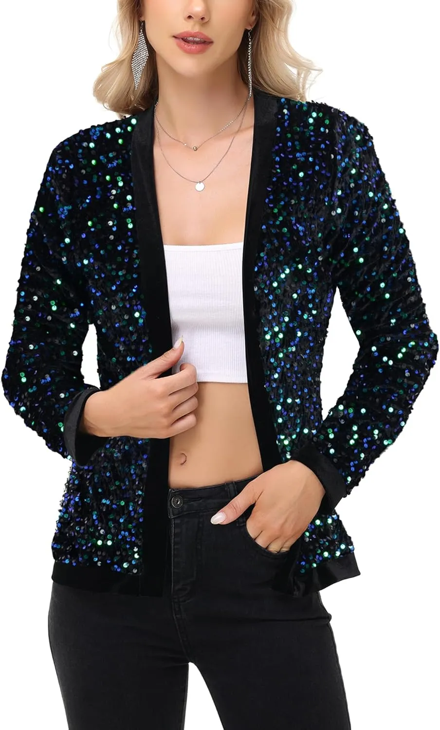 Anna-Kaci Women's Sparkly Sequin Cardigan Long Sleeve Open Front Glitter Party Sequin Blazer Jacket