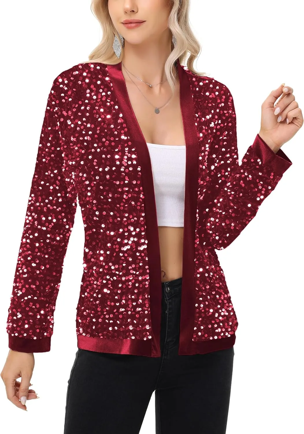 Anna-Kaci Women's Sparkly Sequin Cardigan Long Sleeve Open Front Glitter Party Sequin Blazer Jacket
