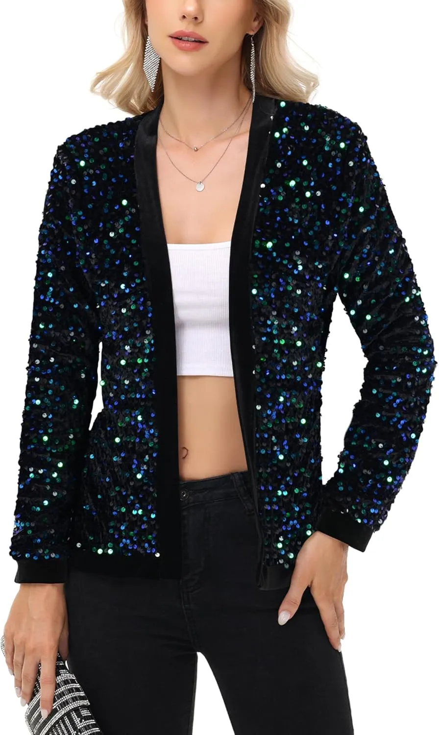 Anna-Kaci Women's Sparkly Sequin Cardigan Long Sleeve Open Front Glitter Party Sequin Blazer Jacket