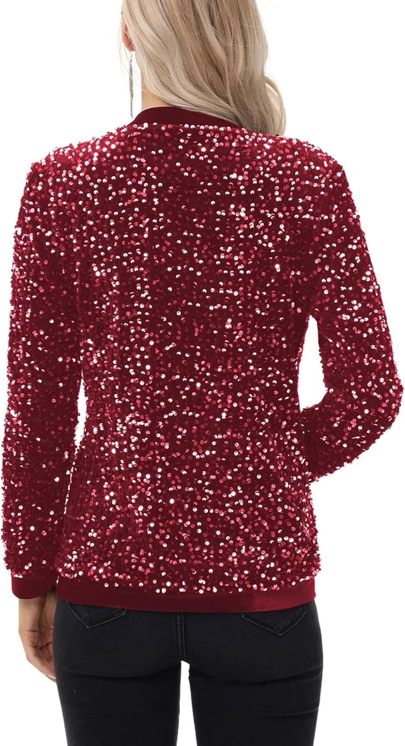 Anna-Kaci Women's Sparkly Sequin Cardigan Long Sleeve Open Front Glitter Party Sequin Blazer Jacket
