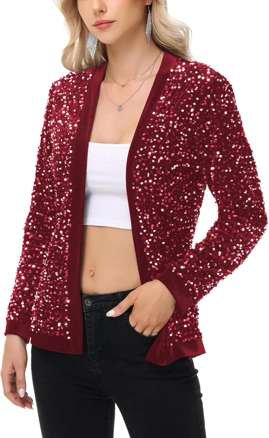 Anna-Kaci Women's Sparkly Sequin Cardigan Long Sleeve Open Front Glitter Party Sequin Blazer Jacket
