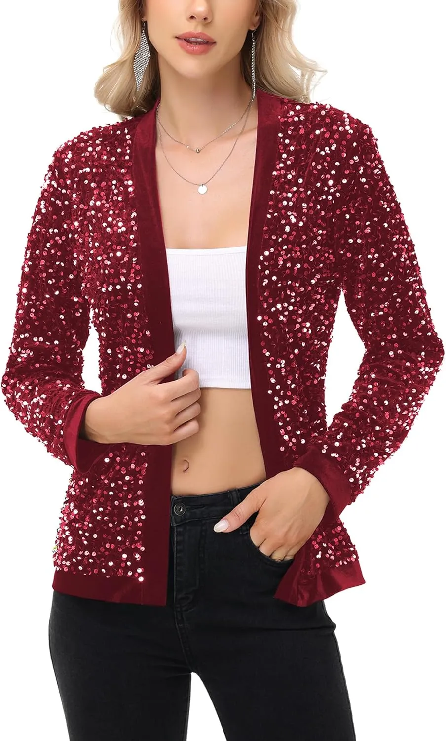 Anna-Kaci Women's Sparkly Sequin Cardigan Long Sleeve Open Front Glitter Party Sequin Blazer Jacket