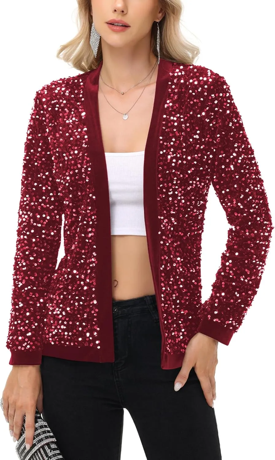 Anna-Kaci Women's Sparkly Sequin Cardigan Long Sleeve Open Front Glitter Party Sequin Blazer Jacket