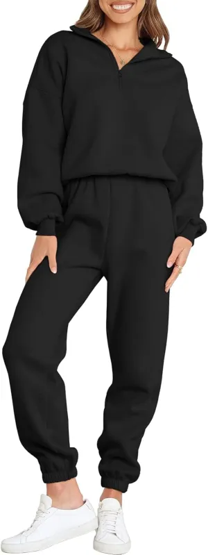 ANRABESS Women 2 Piece Outfits Sweatsuit Oversized Half Zip Sweatshirt Jogger Sweatpants Tracksuit Lounge Set 2024 Clothes