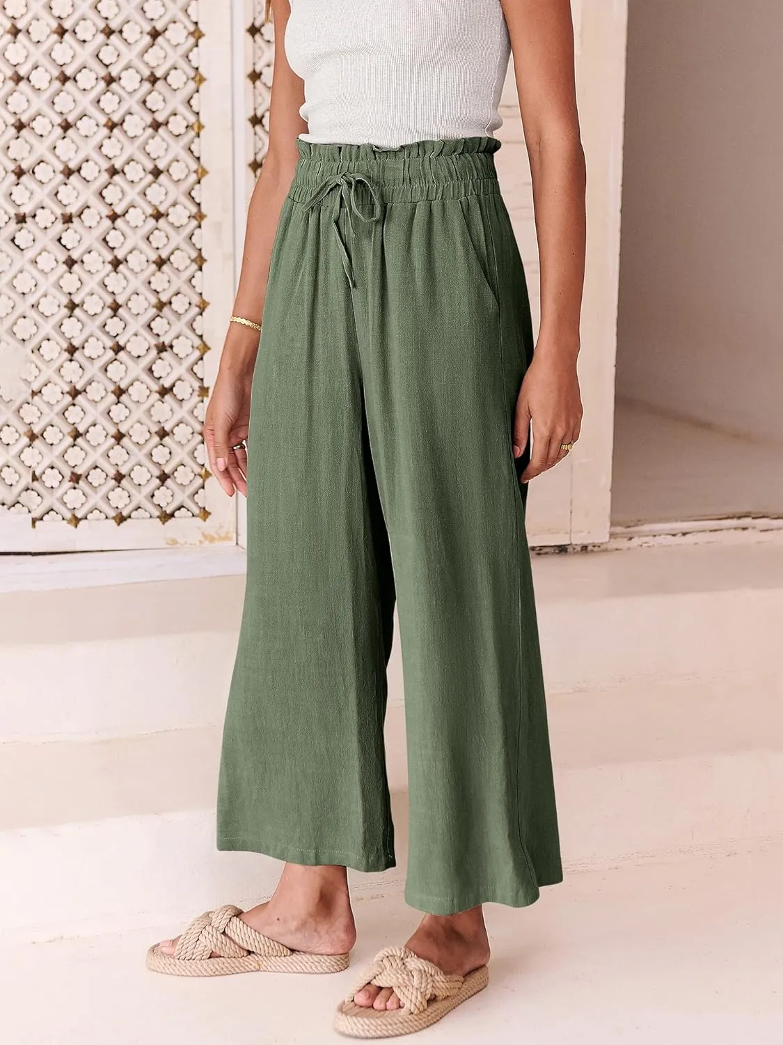 ANRABESS Women Linen Pants Casual Loose High Waist Boho Wide Leg Cropped Palazzo Beach Pants Summer Outfits 2025 Trendy