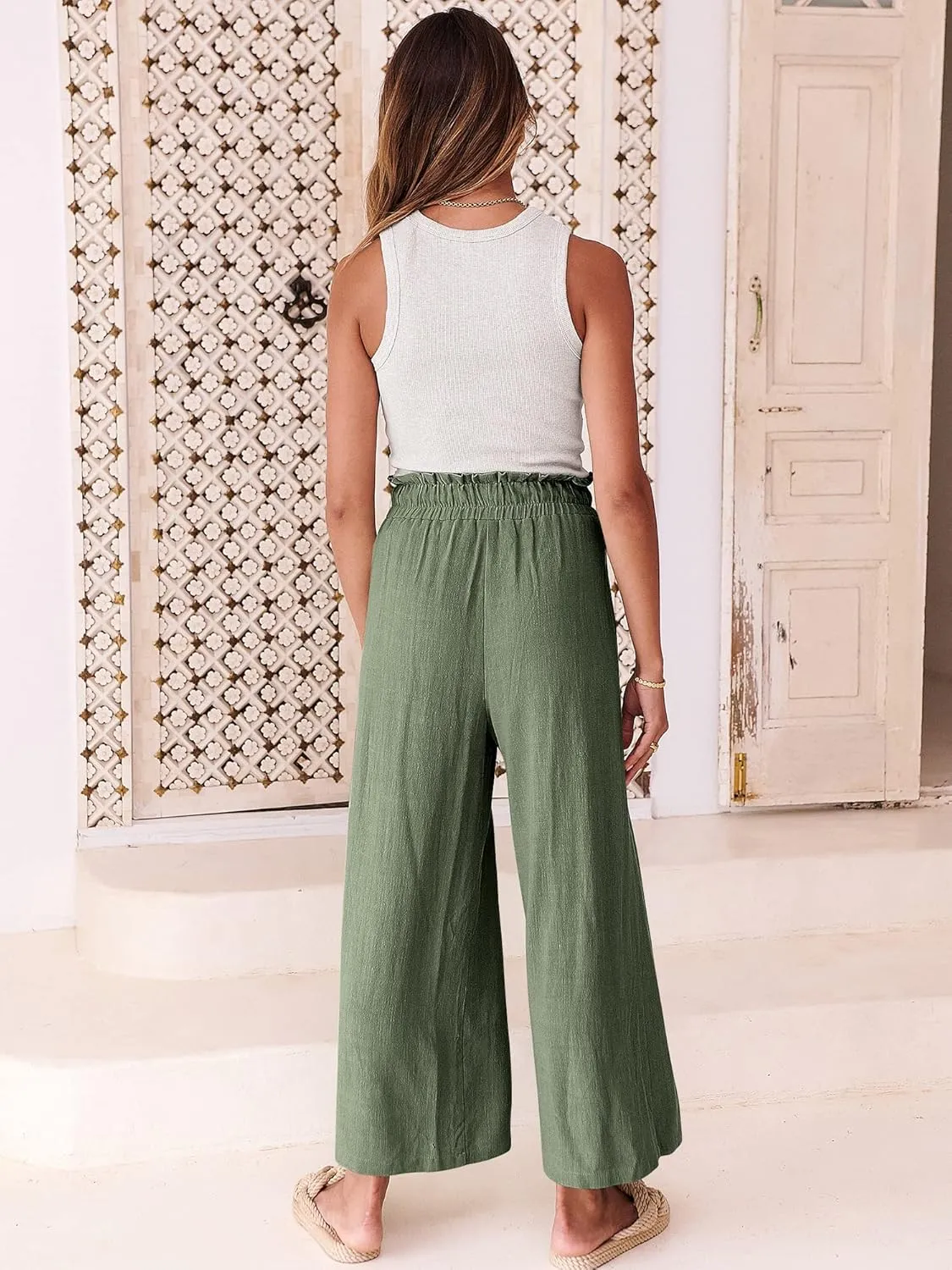 ANRABESS Women Linen Pants Casual Loose High Waist Boho Wide Leg Cropped Palazzo Beach Pants Summer Outfits 2025 Trendy