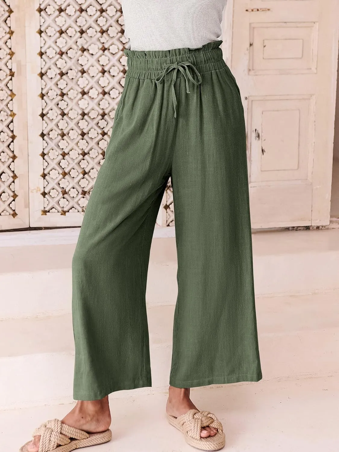 ANRABESS Women Linen Pants Casual Loose High Waist Boho Wide Leg Cropped Palazzo Beach Pants Summer Outfits 2025 Trendy